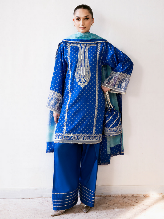 Bin Ilyas unstitched 3-piece suit with digital printed lawn front, sequin embroidered organza neckline and laces, digital printed dupatta, and dyed cotton trouser.