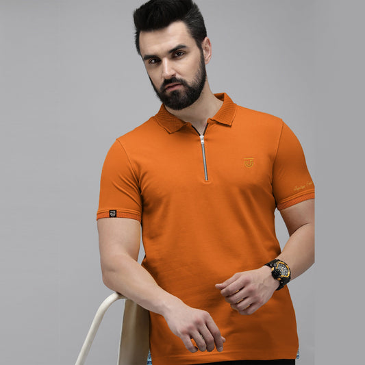 Men’s Jupiter Aestival Zip Neck Polo with textured collar, left chest embroidered logo, and soft cotton-viscose blend in a modern design.