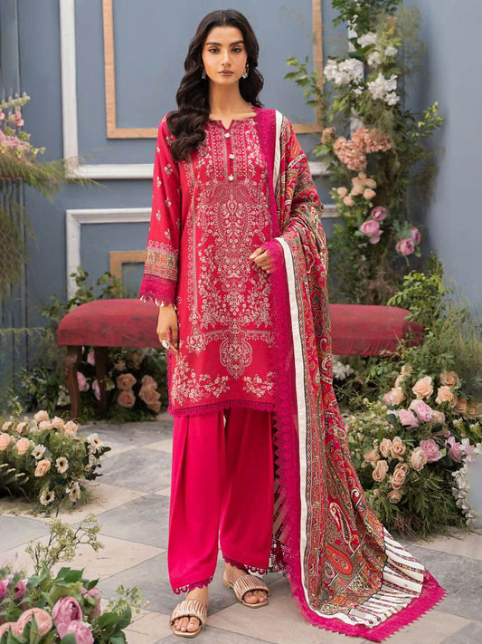 Mausummery unstitched 3-piece suit with digital printed Linen Doria shirt and dupatta, paired with dyed linen trouser for refined winter wear.