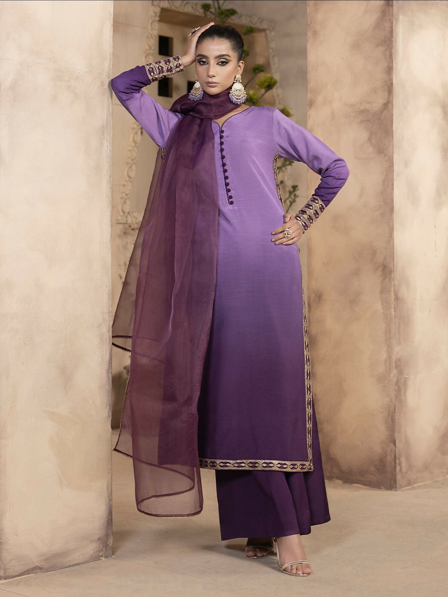 Hemstitch Raw Silk Stitched 3-Piece Suit-Raania