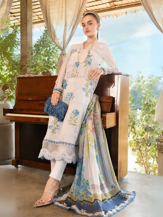 Maria.B white and blue lawn outfit with embroidered front and printed silk dupatta.