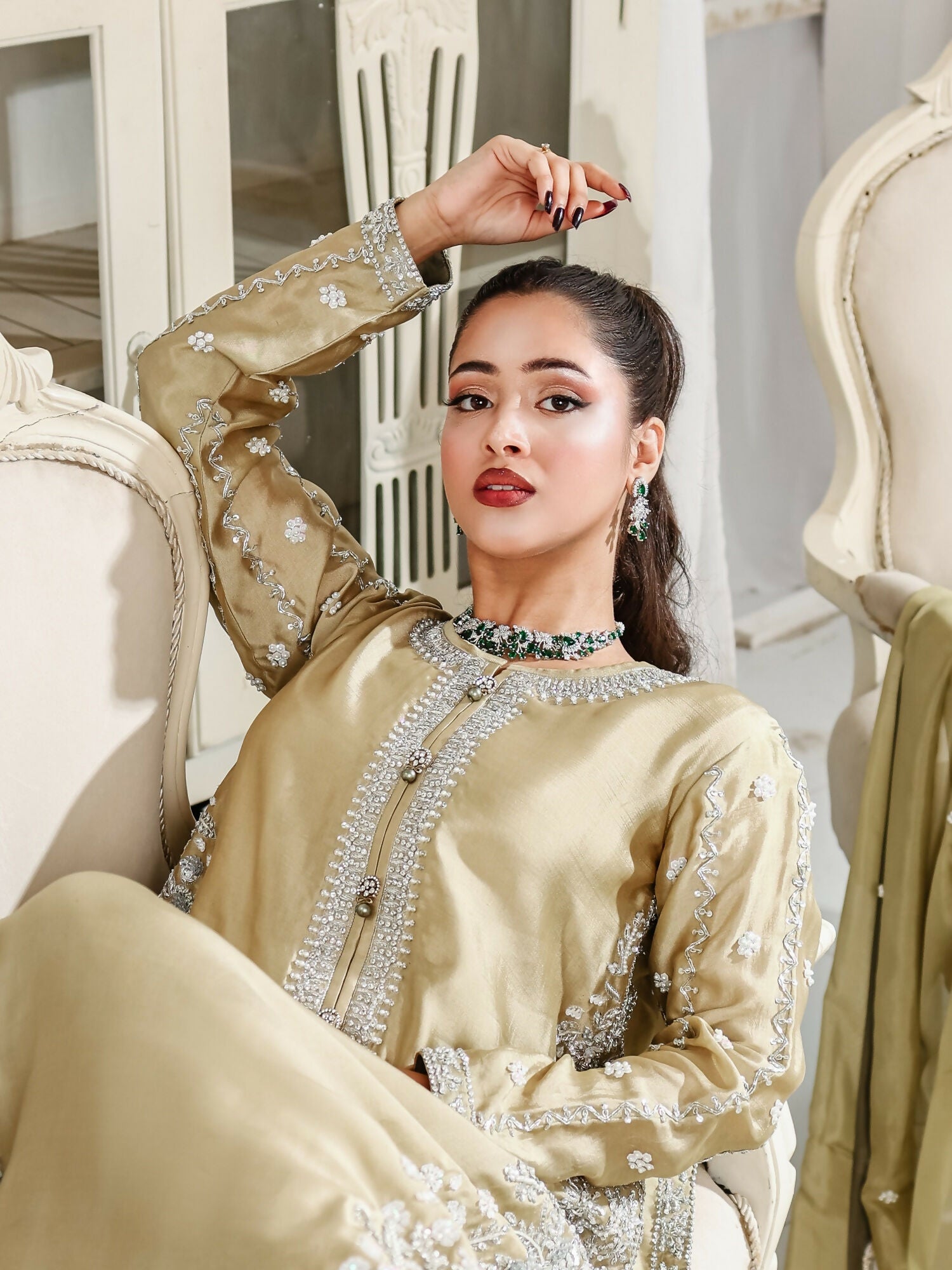 Farooq Hameed Studio Wedding Festive'25 Pure Glass Silk Embroidered Stitched 3-Piece Suit-Ismara