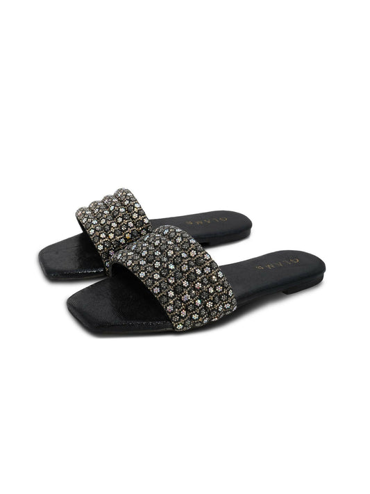 Black and White Royale Leather Women’s Slides-771