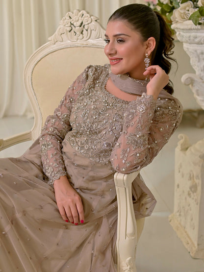 Farooq Hameed Studio Net Embroidered Stitched 3-Piece Suit-Oud-Majestic