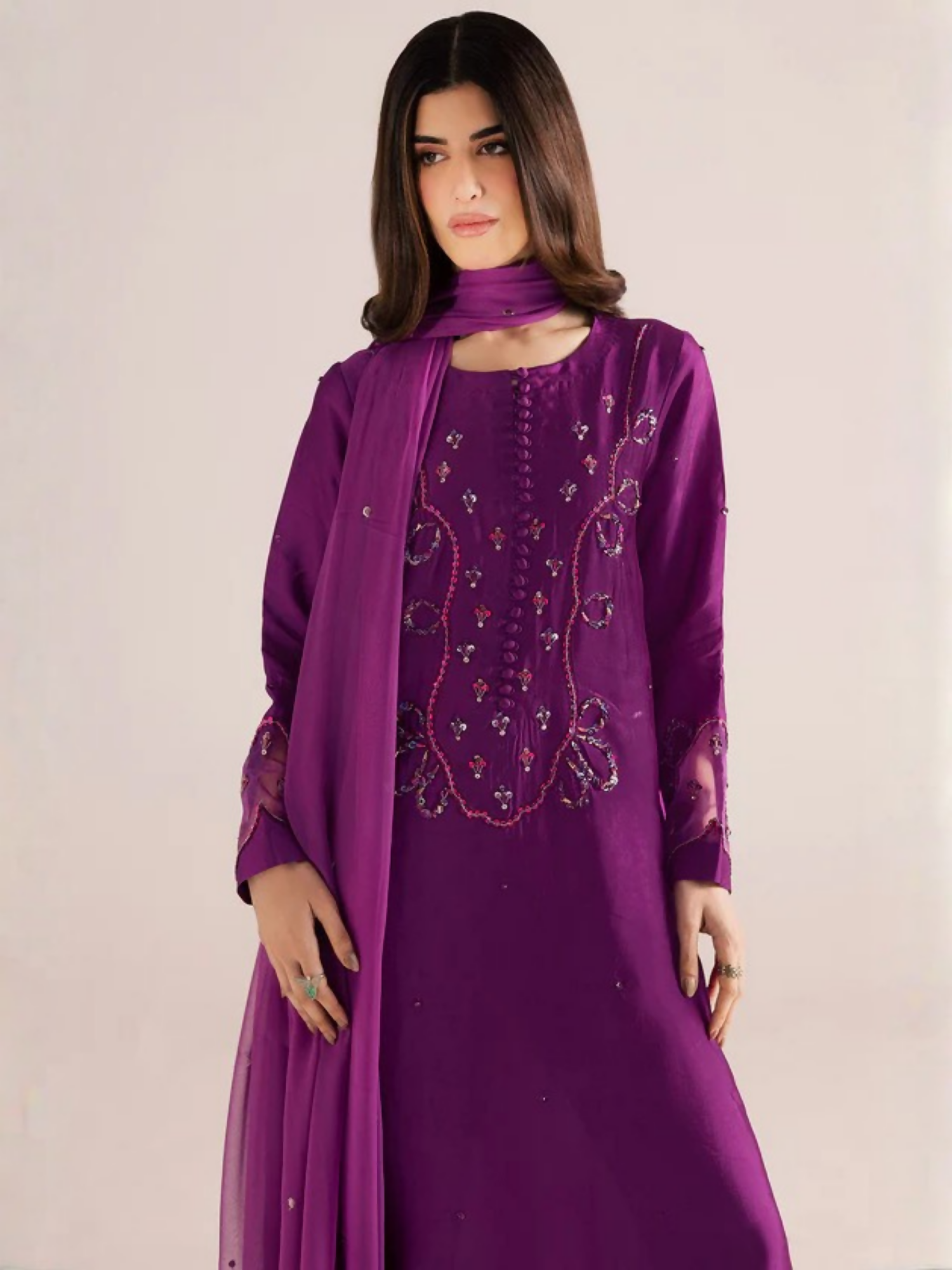 Allure By IH Silver Night Tussel Silk Embroidered Kaftan Set-Moon Drop