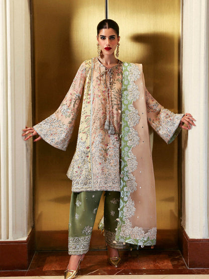 Hussain Rehar stitched 3-piece suit featuring tri-color raw silk paneled embroidered shirt with silver accents and tassels, peach organza dupatta with green chunderi silk facings, and olive green embroidered Pakistani shalwar.