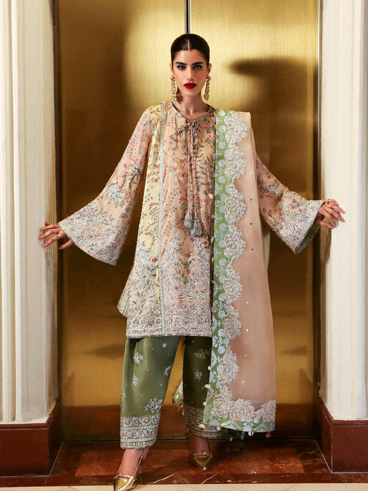 Hussain Rehar stitched 3-piece suit featuring tri-color raw silk paneled embroidered shirt with silver accents and tassels, peach organza dupatta with green chunderi silk facings, and olive green embroidered Pakistani shalwar.