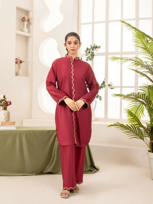 Stylish Collection Aaraish Linen Embroidered Co-Ord Set-Maroon Ringles