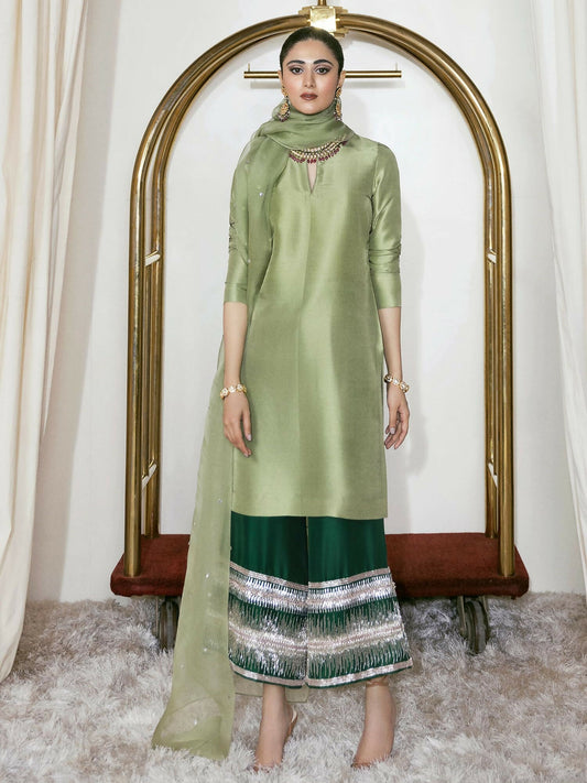 Hussain Rehar pistachio raw silk shirt with emerald green embellished culottes and organza dupatta.