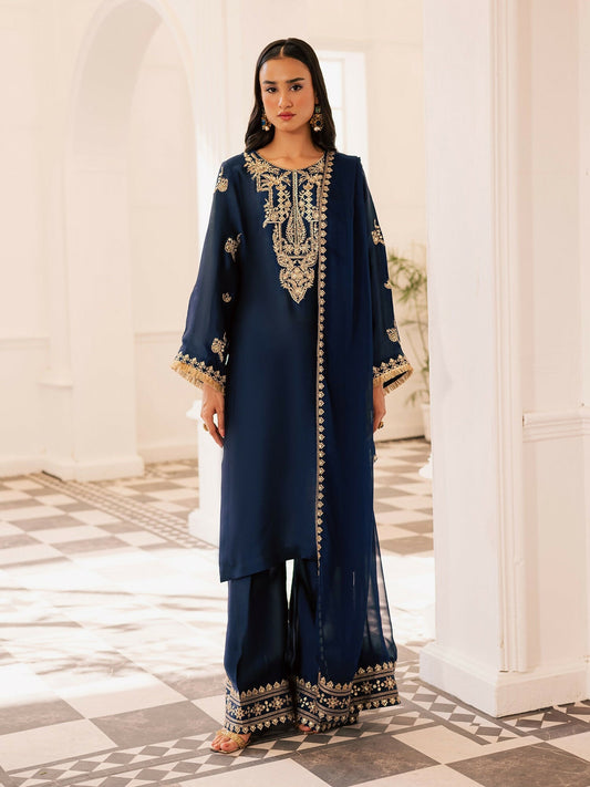 Allure By IH Be-My-Guest Thai Silk Embroidered Stitched 3-Piece Suit-Midnight