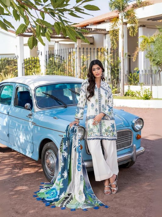 Unstitched 3-piece suit featuring a small floral printed lawn shirt, bold floral printed dobby voil dupatta with tassel accents, and dyed cotton trouser, styled for a summer look.