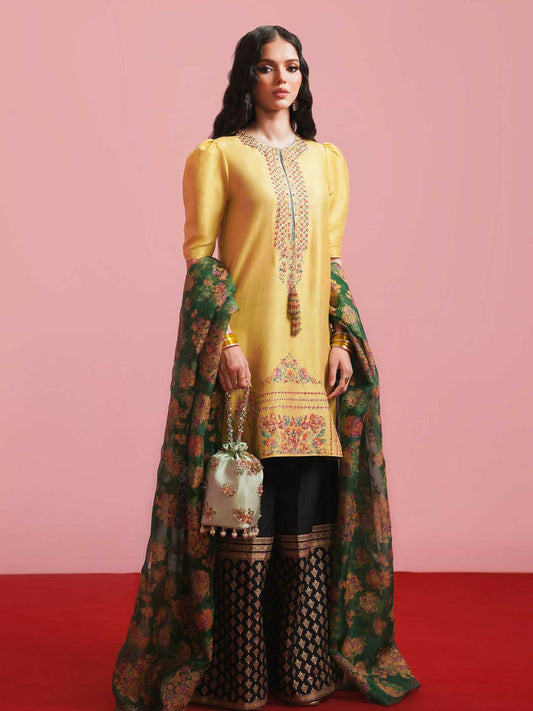 Mange Yellow Hussain Rehar BASIC NOT BASIC IV Raw Silk Embroidered Stitched 3-Piece Suit-Mariglod