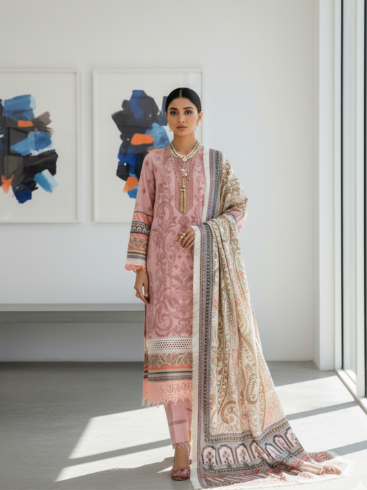 Mausummery Linen Printed Unstitched 3-Piece Suit-Cyclamen