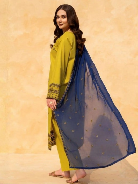 Tawakal Closet Cotton Embroidered Stitched 3-Piece Suit-Majestic Olive