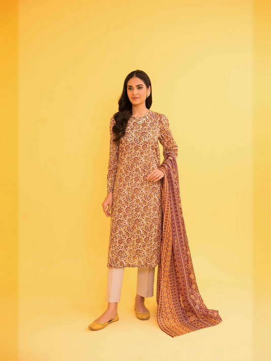 Nishat unstitched 3-piece block printed lawn suit with voile dupatta in yellow and marsala, paired with off-white cambric trouser.