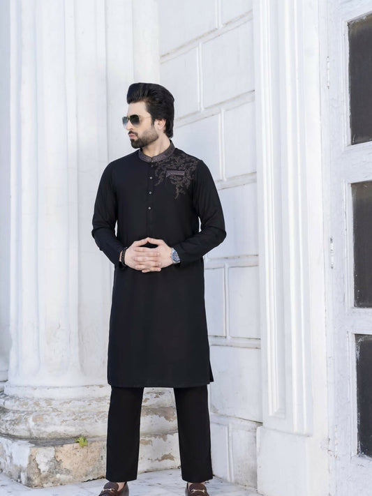 Black Fabrich Men Embroidered Wash N Wear Unstitched Shalwar Kameez-GTS-V-005