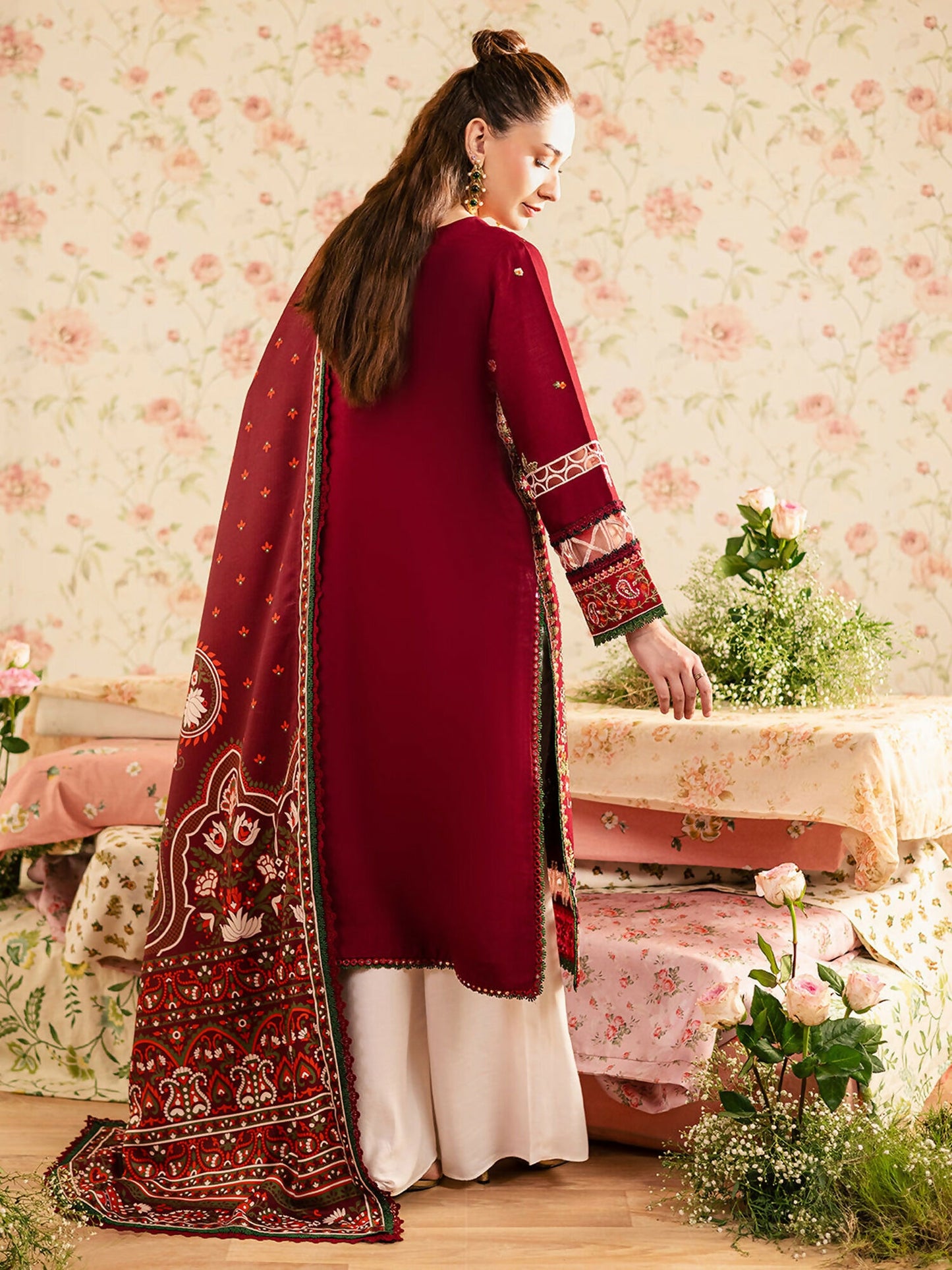 Mahnur Kaia Slub Linen Embroidered Stitched 3-Piece Suit-K- 12