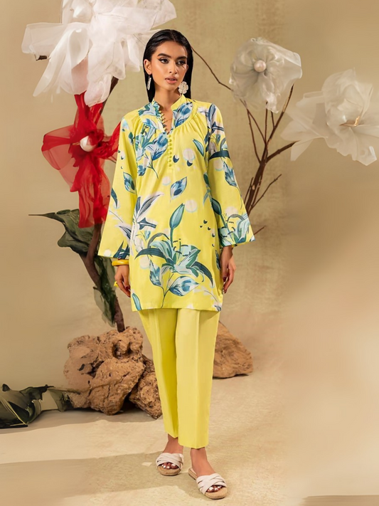 Unstitched 2-piece suit with yellow floral printed shirt and plain dyed yellow trouser, perfect for casual wear.