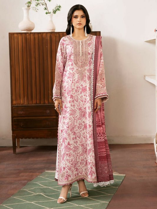Unstitched 3-piece pink suit featuring a digitally printed shirt with embroidered details, paired with a printed cotton trouser and a matching printed dupatta