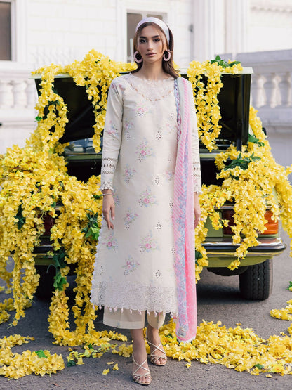 Unstitched 3-piece lawn suit with embroidered printed shirt, chiffon dupatta, and printed cambric trouser.