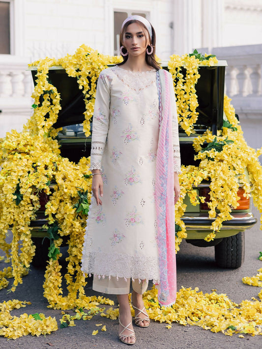 Unstitched 3-piece lawn suit with embroidered printed shirt, chiffon dupatta, and printed cambric trouser.