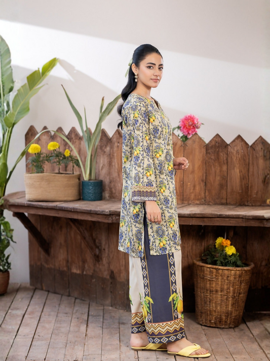 Panache Apparel Crepe De Luxe Crepe Printed Co-Ord Set-Lemon