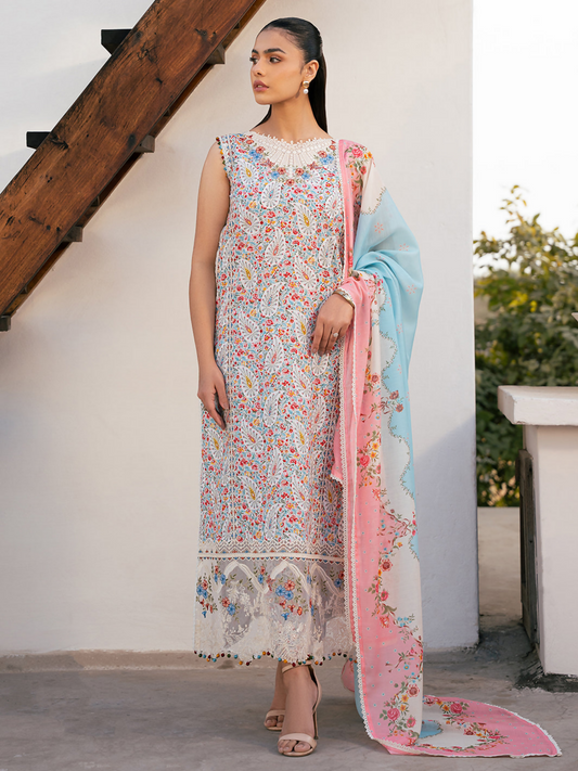 Digital printed lawn suit with embroidered organza pocket accents and silk dupatta.