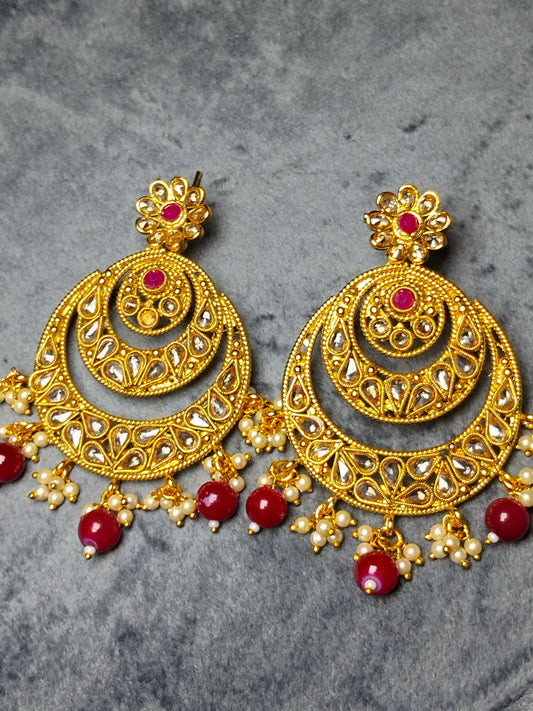 Indian Polki gold-plated earrings from H&A Jewelry with semi-precious stones, elegant design for weddings and festive occasions.
