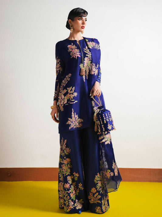 Navy Blue Hussain Rehar BASIC NOT BASIC IV Raw Silk Embroidered Stitched 3-Peice Suit-Marine
