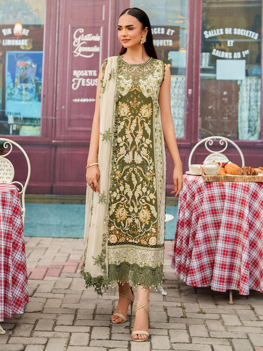 Parishay Ivy Bloom Winter unstitched 3-piece suit with embroidered neckline, front border, sleeve patch, chiffon dupatta, and viscose trouser.