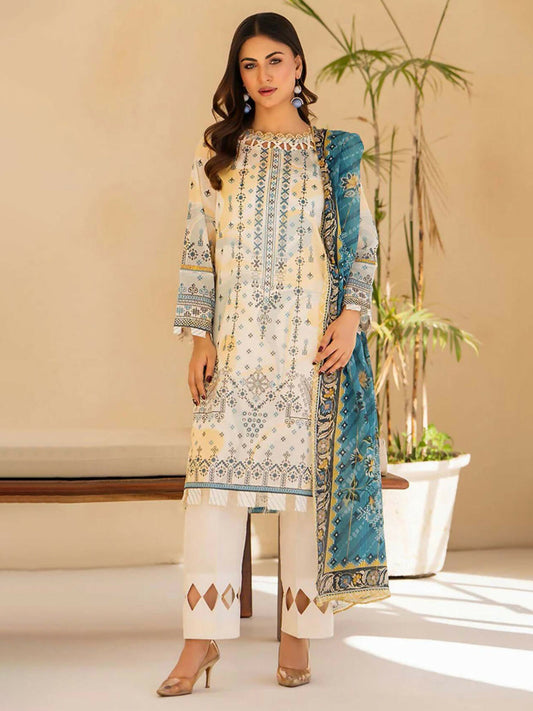 Unstitched 3-piece suit featuring digital printed slub lawn shirt with blue and beige patterns, teal fancy fabric dupatta, and plain lawn trouser.
