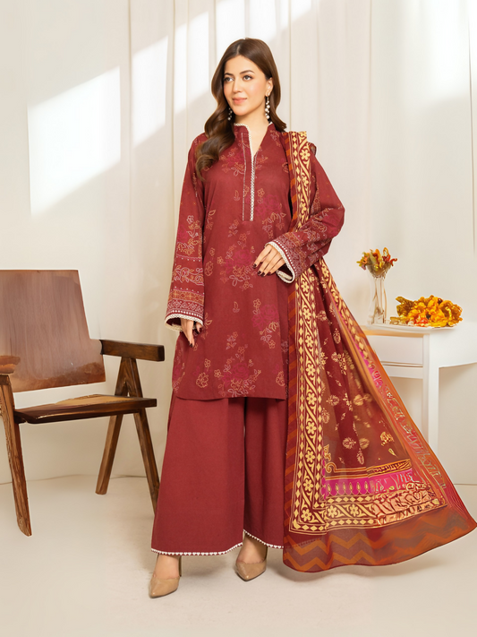 Maroon printed lawn suit with gold voile dupatta