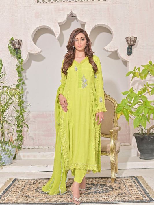 Ruby's Couture Shireen Raw Silk Embroidered Stitched 3-Piece Suit-Chandi