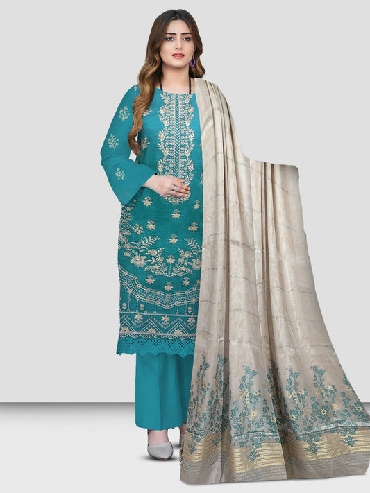 Embroidered shirt with plain trousers and an elegant jacquard dupatta.
