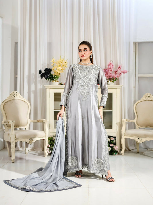Farooq Hameed Studio Wedding Festive'25 Pure Glass Silk Embroidered Stitched 3-Piece Suit-Kiyara
