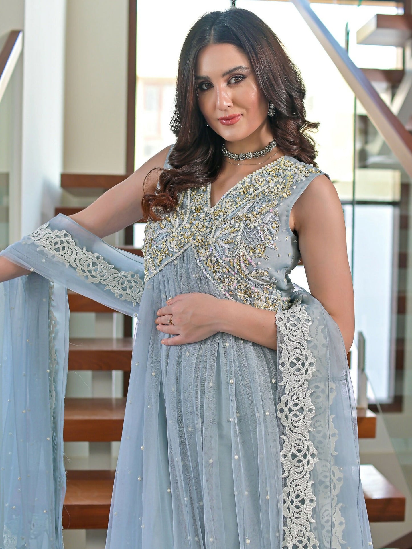 Farooq Hameed Studio Net Embellished Stitched 3-Piece Suit-Laira