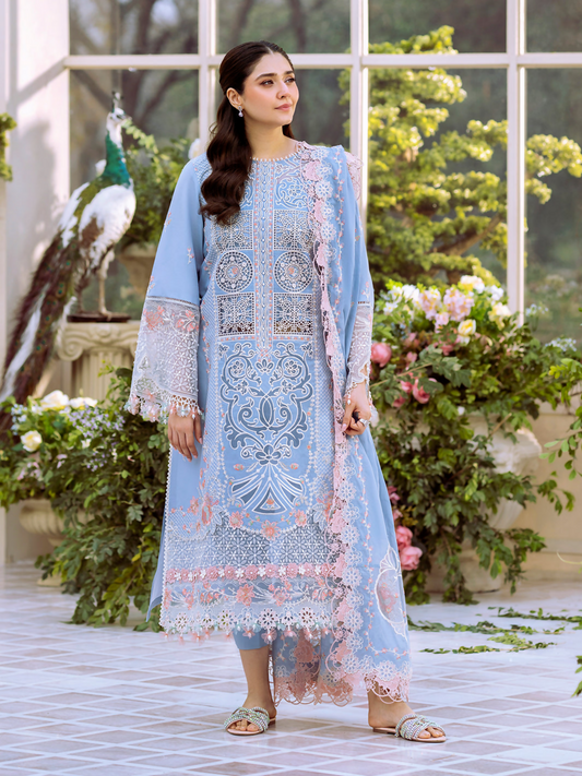 Stylish laser-embroidered lawn suit with dual daman lace, organza sleeve and dupatta motifs, fancy embroidered dupatta, and dyed cotton trouser in elegant tones.