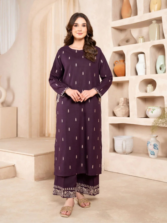 Tehzeeb Libas stitched 2-piece suit with long premium summer lilen shirt featuring pocket embroidery, paired with embroidered trouser.