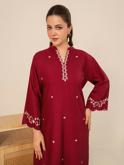 Stylish Collection Whisper Pret Linen Embroidered Stitched 2-Piece Suit-Claret