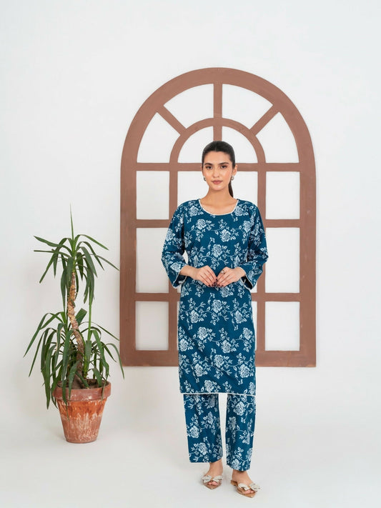 Stylish Collection Enchant Pret Linen Printed Co-Ord Set-Rose Teal