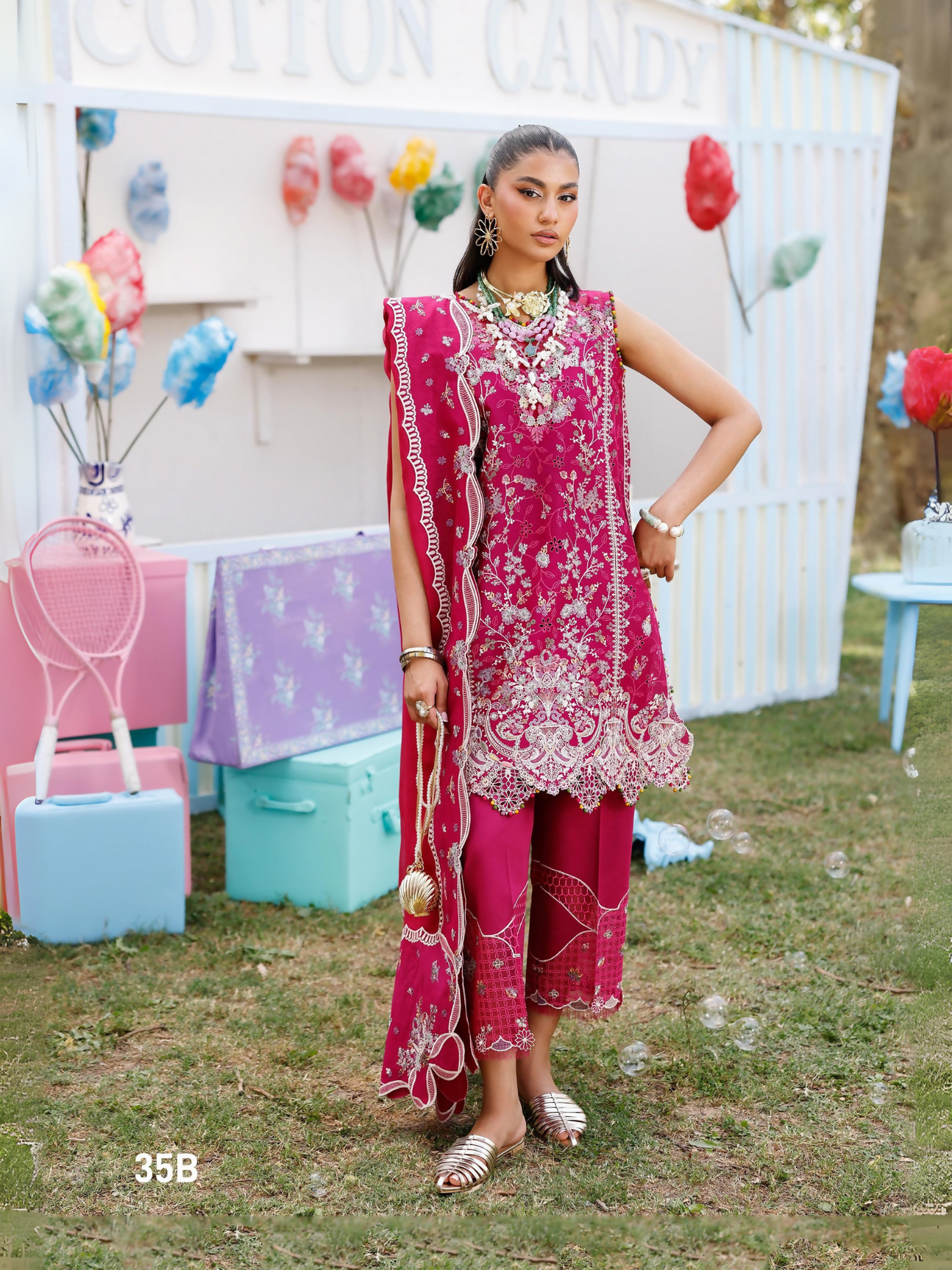 Pink Binilyas Carnival Lawn Embroidered Unstitched 3 Piece Suit-35B