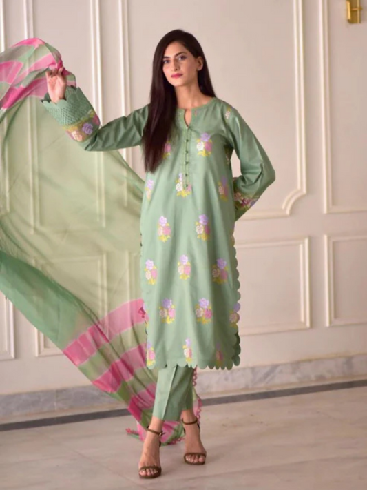 Tawakal Closet Cotton Embroidered Stitched 3-Piece Suit-Pista