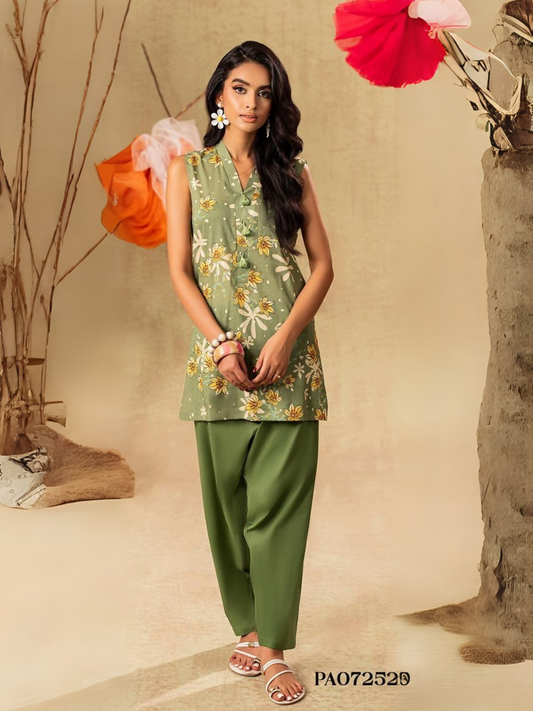 Unstitched 2-piece suit with olive floral printed shirt and plain dyed olive trouser, ideal for casual wear.