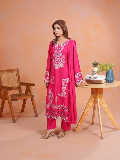 Tawakal Closet Linen Embroidered Stitched 3-Piece Suit-Aish