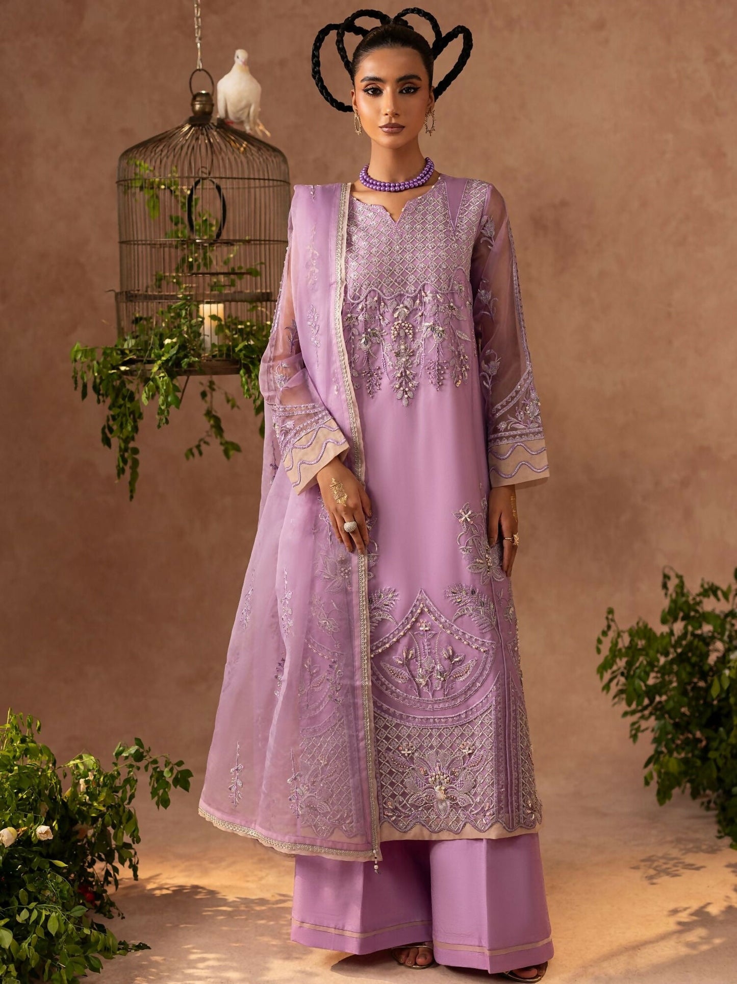 Shurooq Geet Organza Embroidered Stitched 3-Piece Suit-Ragni