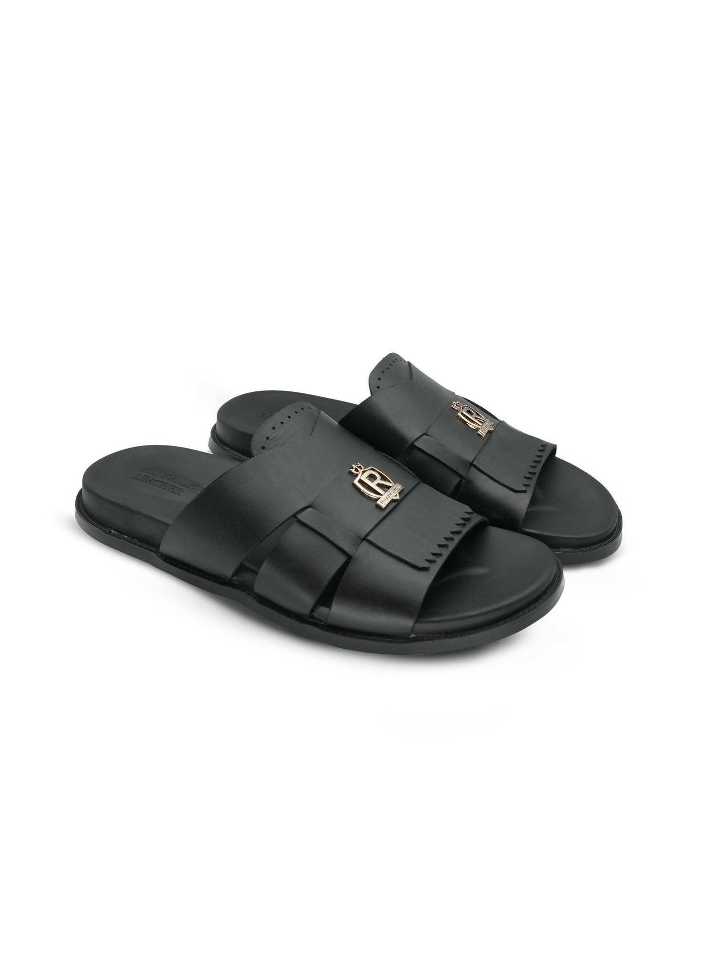 Men's black cow leather slippers by Royale Leather with 450-gram lightweight design and rubber sole, perfect for indoor and casual wear