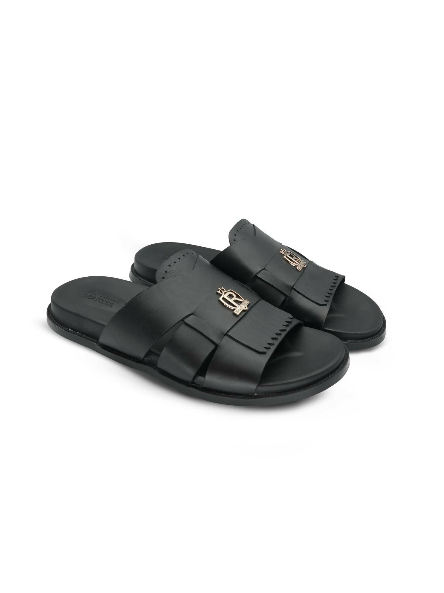 Men's black cow leather slippers by Royale Leather with 450-gram lightweight design and rubber sole, perfect for indoor and casual wear