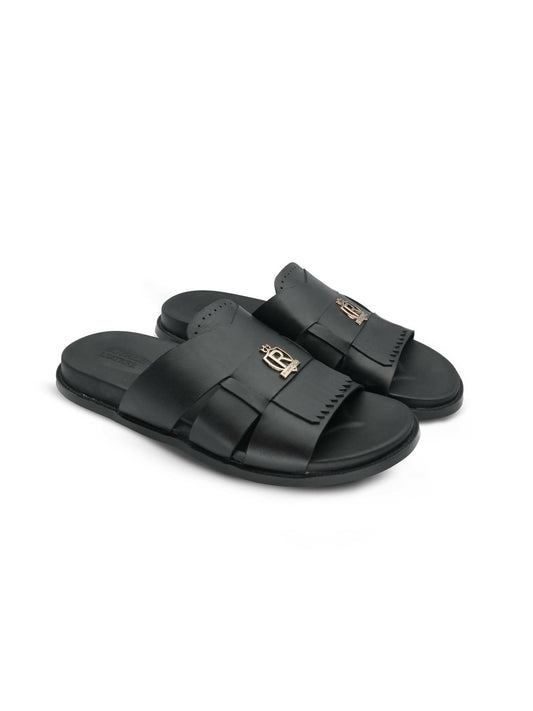 Men's black cow leather slippers by Royale Leather with 450-gram lightweight design and rubber sole, perfect for indoor and casual wear