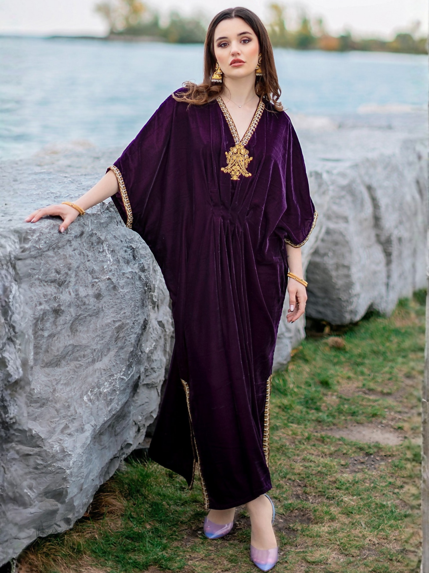 Panache Apparel Velvet Edit Micro Velvet 9000 Embroidered Kaftan-Allure