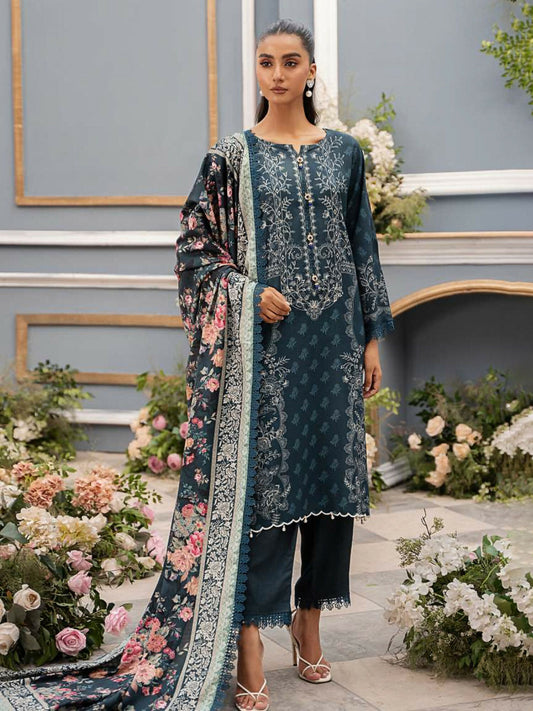 Mausummery unstitched 3-piece suit with digital printed Linen Doria shirt and dupatta, paired with dyed linen trouser for a classic winter look.